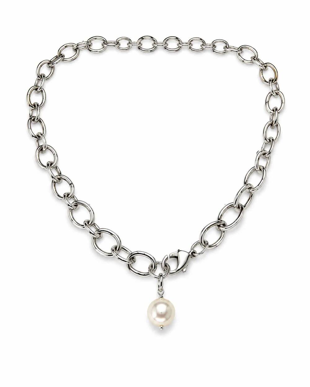 NEW BELLE VIA women's pearl drop chunky link necklace in silver